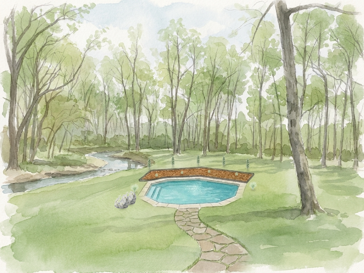 The painted yard with trees placed in the studio