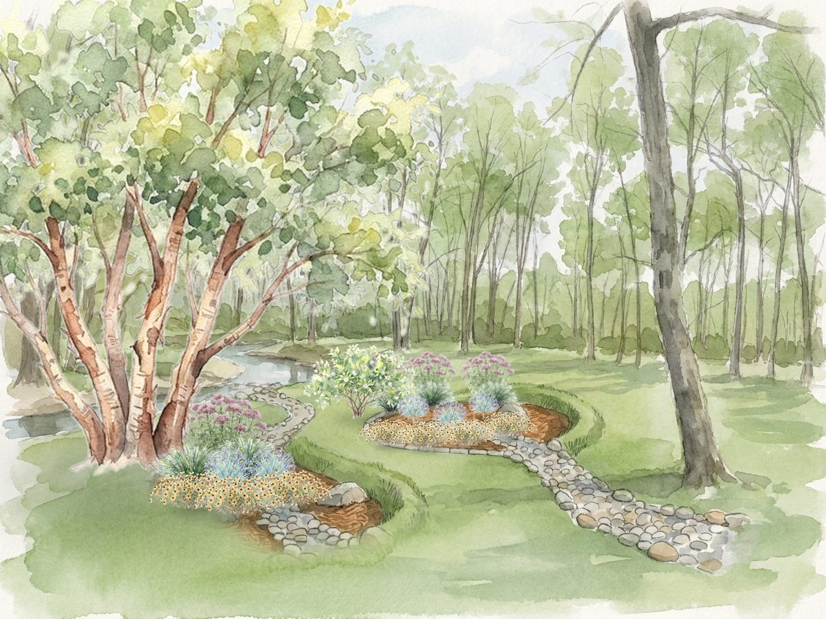 The plan at year 20: The overflow tree owns the corner