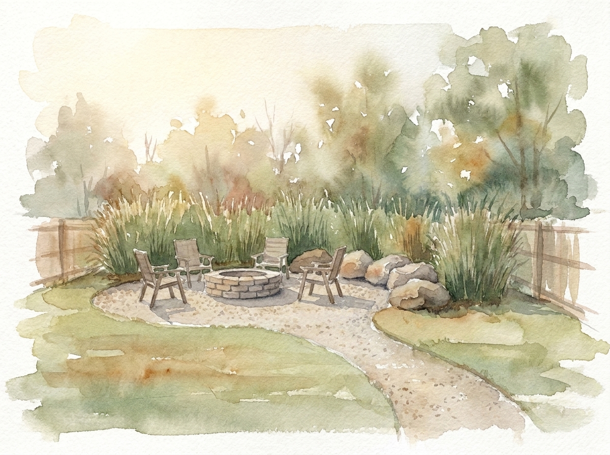 After: the same yard with the fire pit area design tool grown in