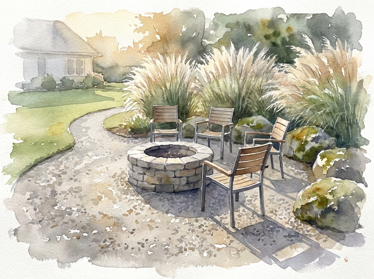 Watercolor of fire pit area