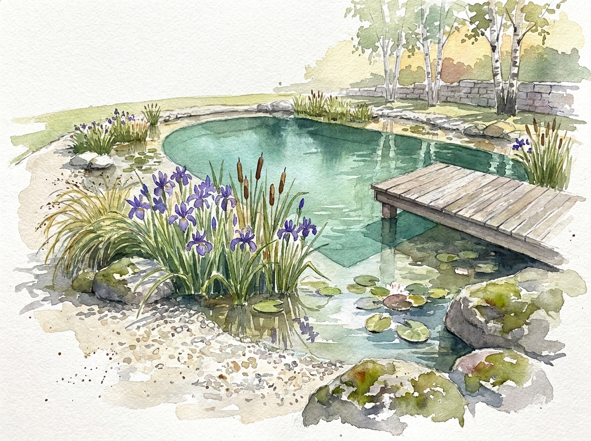 Watercolor of natural swimming pond