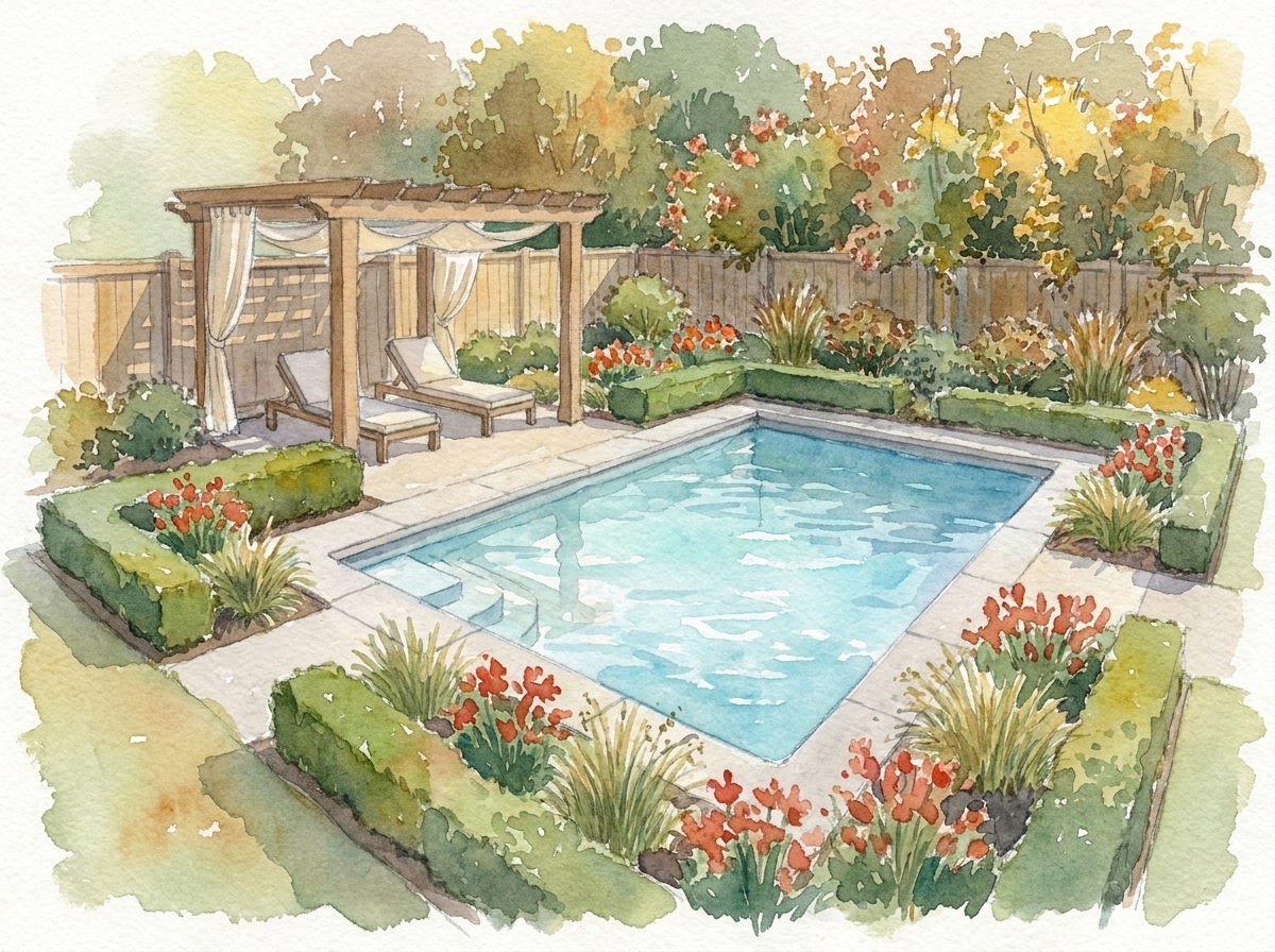 After: the same yard with the pool landscaping design tool grown in