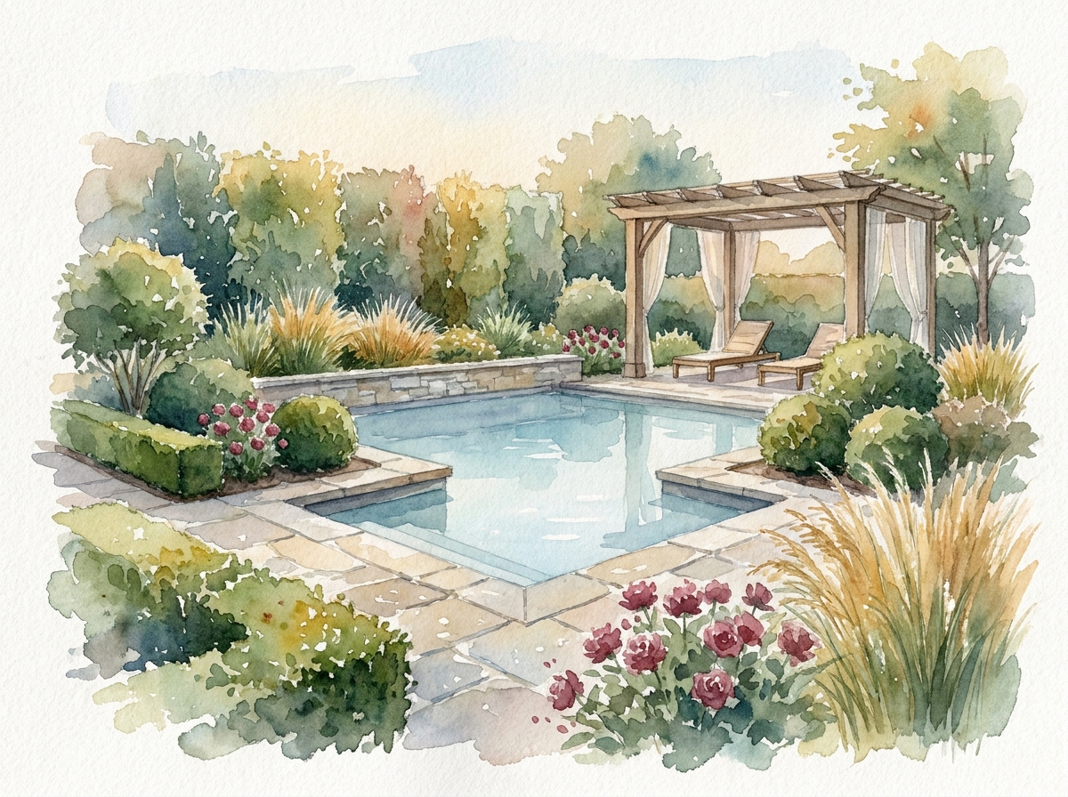 Watercolor of pool landscaping