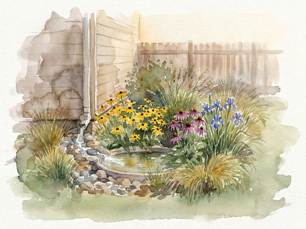 After: the same yard with the rain garden design tool grown in