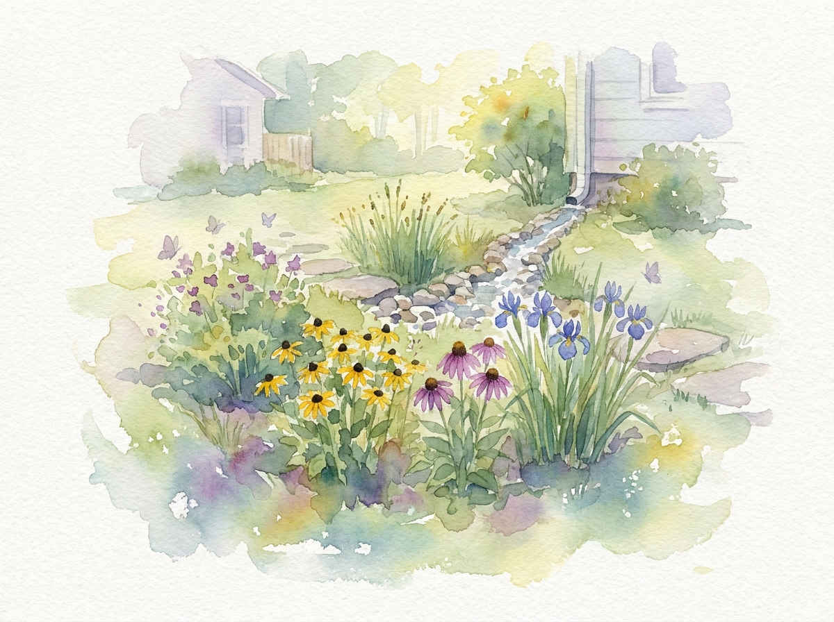 Watercolor of rain garden