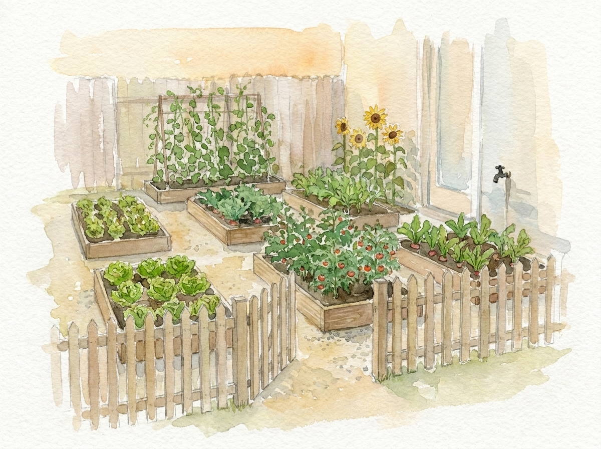 After: the same yard with the vegetable garden design tool grown in