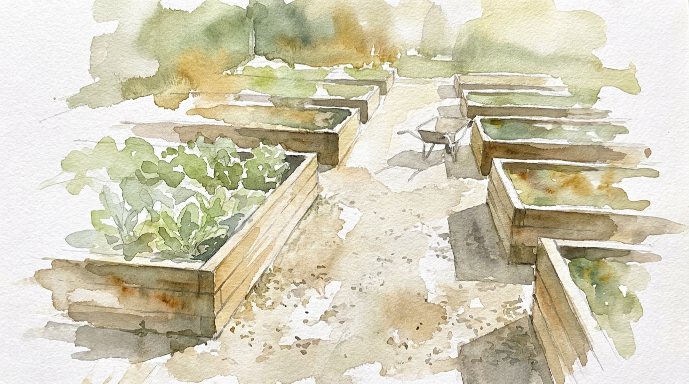 Raised beds first, and keep them reachable: watercolor study