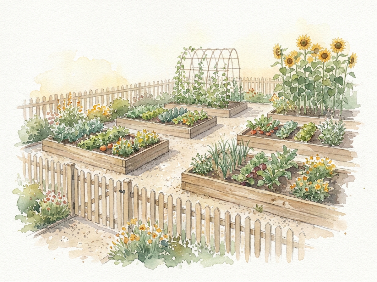 Watercolor of vegetable garden