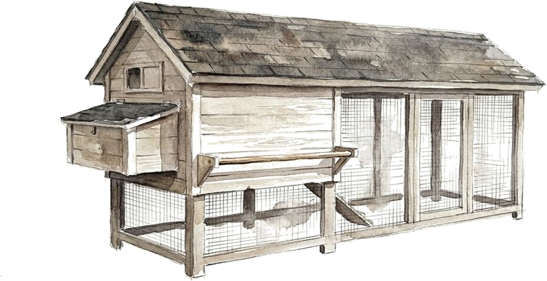 Watercolor of the Precision Pet Extreme Hen House by Precision Pet Products, painted for the studio
