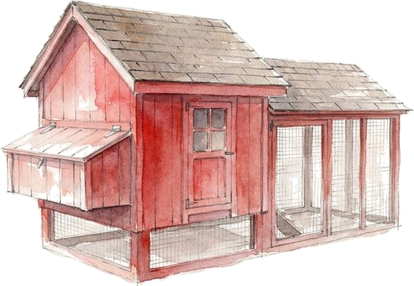 Watercolor of the Precision Pet Old Red Barn Coop by Precision Pet Products, painted for the studio