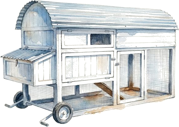 Watercolor of the Producer's Pride Camper Tractor Coop by Producer's Pride, painted for the studio